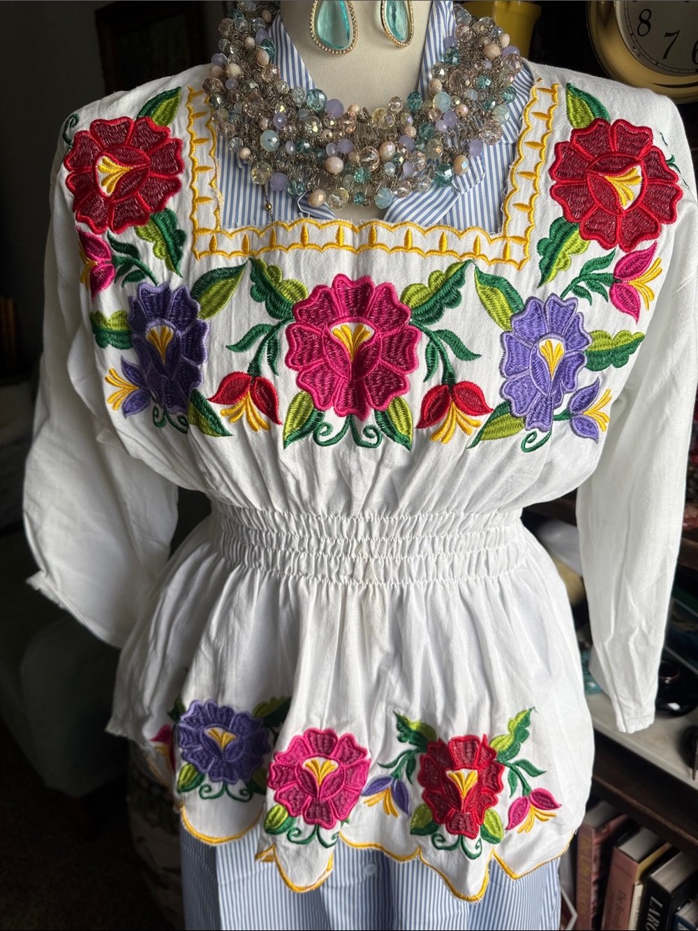 Hand-Embroidered White Peasant Blouse with Bright Floral Accents